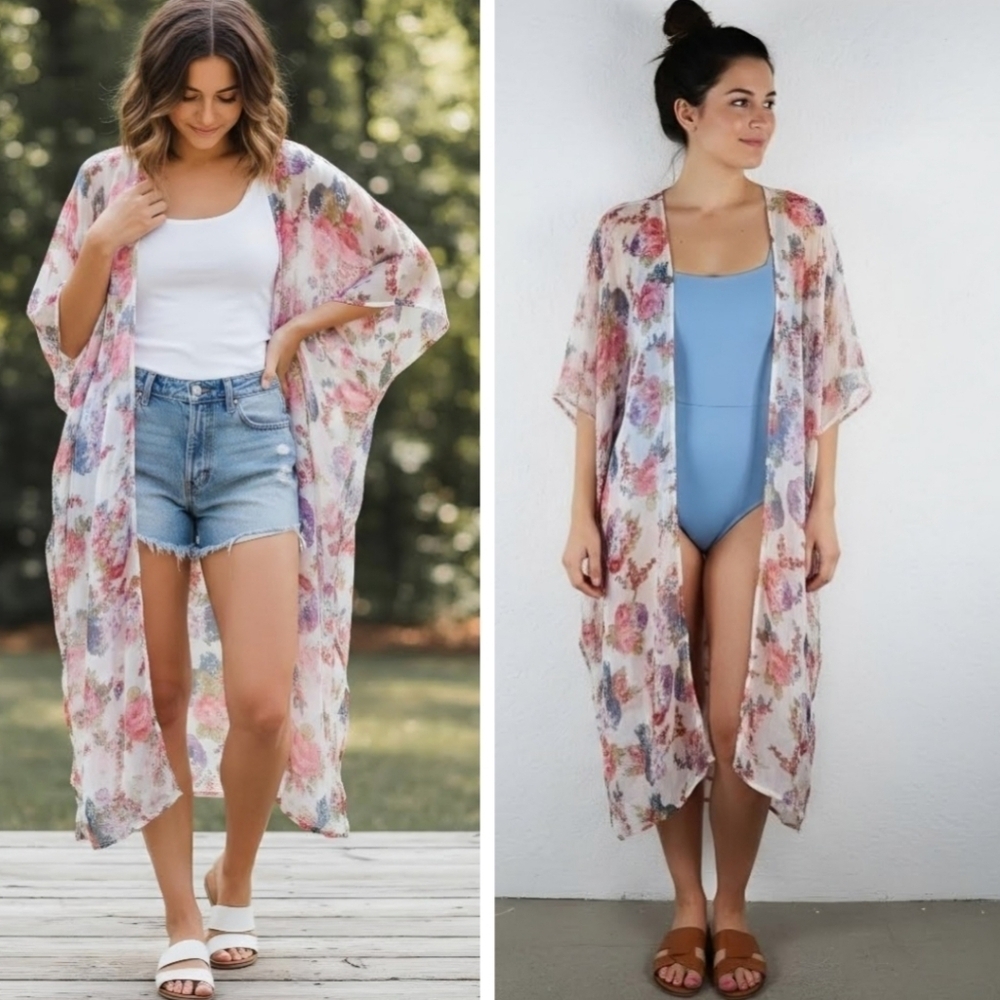 Betsey Johnson Boho Floral Longline Kimono Duster Topper
